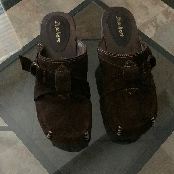 SKETCHERS Wooden Clogs Platform Brown Leather Slip On - Picture 2 of 11